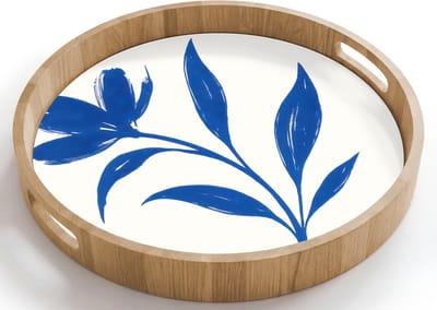 Dienblad rond 40x40 cm - Schootdienblad hout - Bloem - Blaadjes - Minimalistisch - Blauw - Borrelplank rechthoek - Plateau houten dienbladen