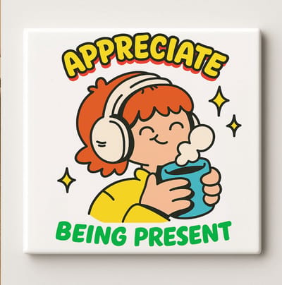 Appreciate Being Present Mindfulness Tegel 15x15cm – Rustgevende Zen Wanddecoratie, Positieve Huisdecoratie, Perfect Cadeau voor Koffie- en Zelfzorgliefhebbers