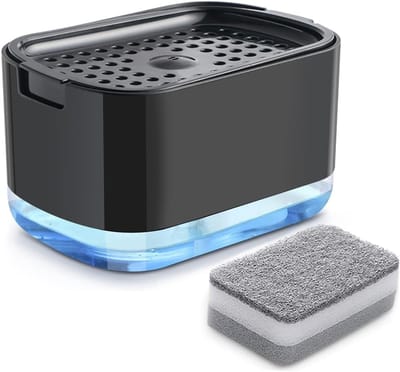 longziming -2-in-1 Zeepdispenser met Sponshouder – Handige Vaatzeep Verdeler voor Gootsteen, Keuken of Badkamer – Navulbare Afwasmiddel Dispenser met Drukpomp – Hygiënisch & Lekvrij (Zwart)
