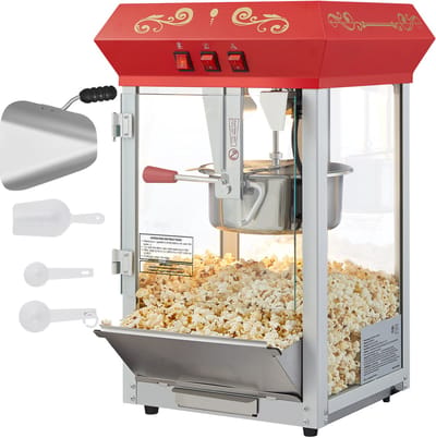 850 W Popcornmachine, 237 Ml Ketelpopcornmachine, Maakt 48 Kopjes Per Lading, Countertop Popcornmachine met Gehard Glas, Incl. 4 Lepels, Bioscoopstijl, Rood