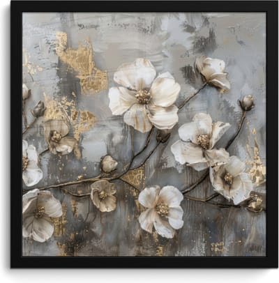 Poster in lijst - Fotolijst 40x40 cm - Posters - Bloemen - Wit - Grijs - Goud - Luxe - Posterlijst zwart - Decoratie - Wanddecoratie woonkamer - Muurdecoratie slaapkamer
