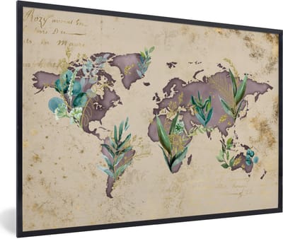 Poster in lijst - Fotolijst 90x60 cm - Posters - Wereldkaart - Vintage - Goud - Posterlijst zwart - Decoratie - Wanddecoratie woonkamer - Muurdecoratie slaapkamer
