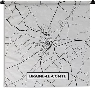 Wandkleed - Wanddoek - Stadskaart – Plattegrond – België – Zwart Wit – Braine le Comte – Kaart - 180x180 cm - Wandtapijt