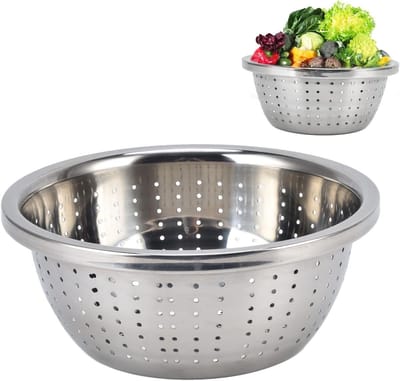 Famanu – Microporeuze vergiet van roestvrij staal, 22 cm, ideaal voor het wassen van groenten, fruit en rijst, snel en efficiënt