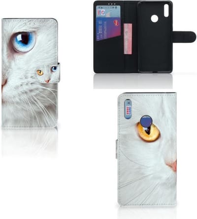 Huawei Y7 (2019) Telefoonhoesje met Pasjes Witte Kat