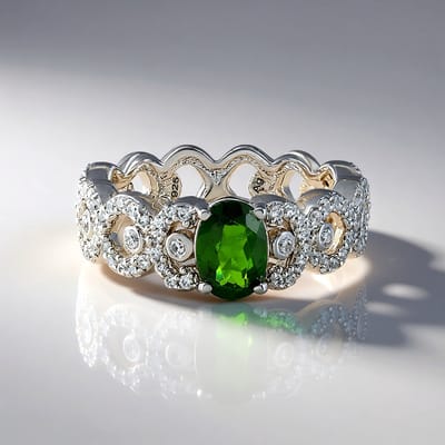 Cavill - 925 Sterling Zilver Platinering - Russische Diopsied 0,599 ct Ovaal - 1,27 ct Zirkonia - Elegante Groene Ring voor Dames