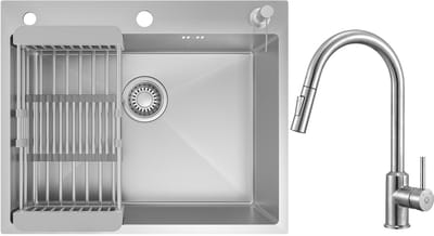 CECIPA max Spoelbak voor keuken 60x49CM - Spoelbakken Met Kraangat en Keukenkraan Met Uittrekbare Uitloop - Spoelbak Met Zeepdispenser - Incl. Sifon en Waterafvoersysteem - RVS