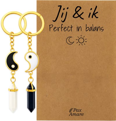 BFF Sleutelhanger voor 2 'Perfect in Balans' - Yin Yang met Edelsteen - Sleutelhanger set op Cadeau Kaartje - Goudkleurig - Vriendschap Symbool - Pax Amare