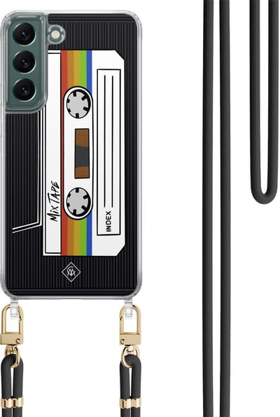 Casimoda® hoesje met zwart koord - Geschikt voor Samsung S22 Plus - Cassette Mixtape - Afneembaar koord - TPU/polycarbonaat - Zwart