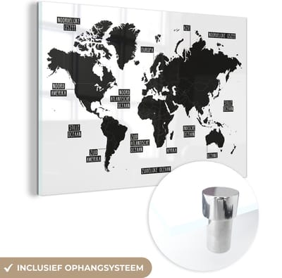 ® Glasschilderij 180x120 cm - Schilderij acrylglas - Wereldkaart - Zwart - Wit - Kinderen - Jongen - Meisje - Foto op glas - Muurdecoratie woonkamer - Wanddecoratie slaapkamer - Schilderijen