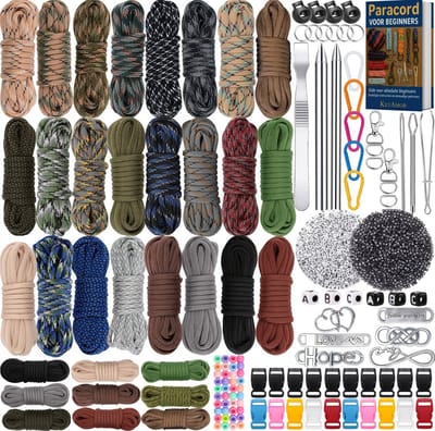 100 meter Paracord Pakket met 355 Accessoires - 33 Kleuren 4mm/2mm Parakoord 550, Karabijnhaken, Naaldenset, Bedels, Klikgesp, Kralen - Parachute Koord Knutselpakket Set - Knutselen Touw voor Volwassen, Kinderen, Meisjes - Sieraden/Armbandjes Maken