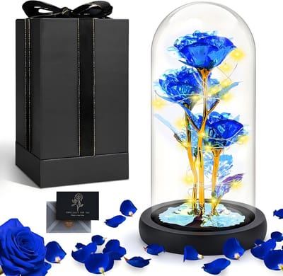 Eeuwige Roos - Geconserveerde Bloem - Cadeau Idee - Met LED Licht - 26cm Hoog - Blauw-Goud