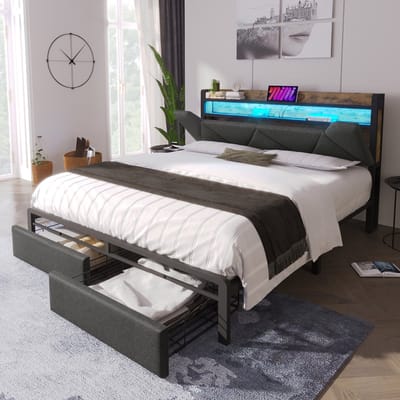 Wishdor Gestoffeerd Bedframe 140x200 cm – Opberghoofdbord met LED en USB-C Oplaadstation – Met 2 Lades – Linnen – Grijs