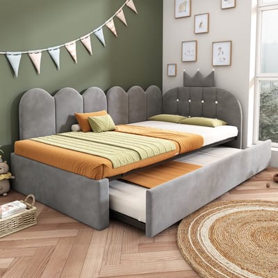 90x200 cm slaapbank - met uitschuifbaar bed 90x190 cm - L-vormig - kroonruitpatroon ontwerp - kinderbed - zonder matras - grijs
