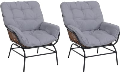 Set van 2 tuinstoelen MCW-P75, tuinstoel loungestoel, stof 220 g/m² polyrotan metaal ~ donkergrijs, bekleding lichtgrijs
