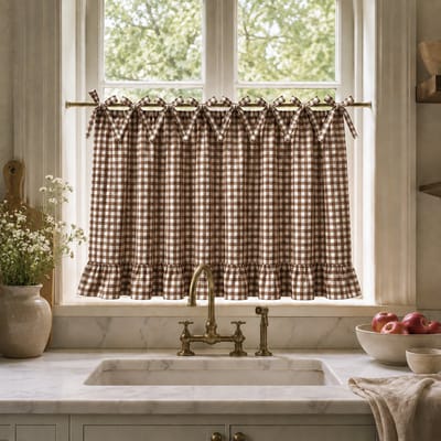 Qelus Buffalo Plaid Valletje - Tie-Up Keukengordijn - 77x55cm - Gingham Gordijn - strikbanden - ruffle rand - verstelbaar - voor keuken - RV - Bruin - 1 Stuk