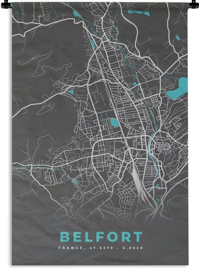 Wandkleed - Wanddoek - Belfort - Frankrijk - Kaart - Stadskaart - Plattegrond - 120x180 cm - Wandtapijt