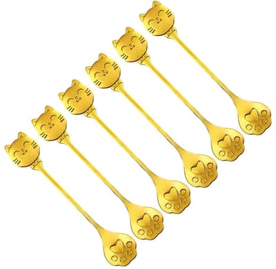 Gouden Kattenlepels – Set van 6 – Roestvrij Staal – Koffielepels & Dessertlepels