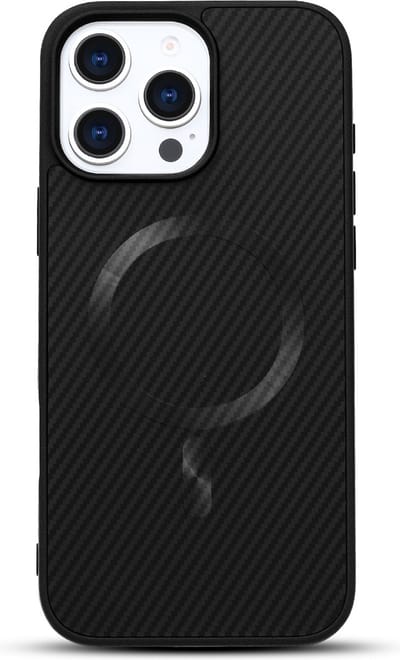 Casemania Hoesje Geschikt voor Apple iPhone 16 Pro - Zwart - Carbon Back Cover - Geschikt voor MagSafe