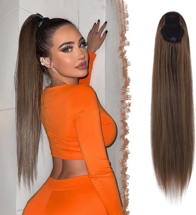 FESHFEN Rechte Paardenstaart Extensions met Trekkoord, 70 cm Lange Mosbruin Haarstuk Clip in Paardenstaarten Extensie voor Vrouwen Synthetische Haarstukje Ponytail Extension