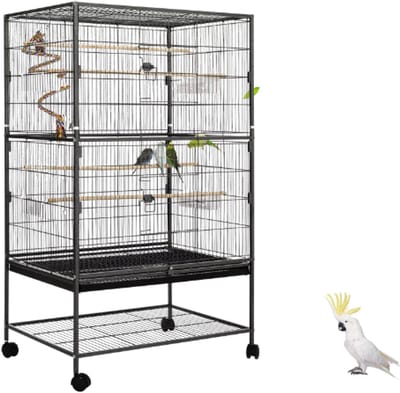 NaevaMi Vogelkooi - Vogelkooien - Vogelkooi met Standaard - Parkietenkooi - Papegaaienkooi - Op Wieltjes - Geschikt voor 2 tot 3 Grote Vogels - Antislip - Met Verwijderbare Lade - Geschikt voor Binnen en Buiten - 79 x 51 x 132 cm - Zwart
