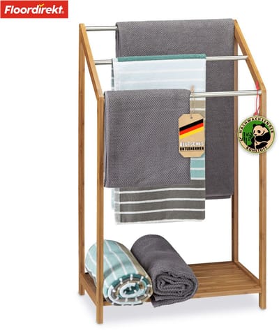 FLOORDIREKT Bamboe Handdoekenrek Illinois - Moderne Handdoekenrek met Roestvrijstalen Stangen & Handig Opbergvak - Bamboe-Kleur - 31 x 51 x 85 cm