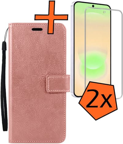 Hoes - Met 2x Screenprotector - Geschikt voor Samsung Galaxy A37 - Luxe Pasjeshouder - Bookcase Portemonee - Flip Case - Kunstleer Book Case - Flipcase Hoes - Book Cover - Walletcase - PortemonneeHoes - Rosé goud