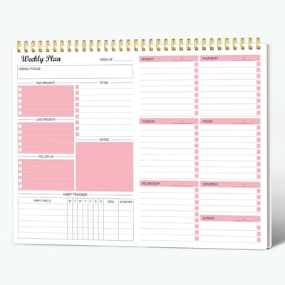 Wekelijkse Planner - Notitieboek Agenda - Productief Werken - Ongedateerd Ontwerp - A4 Formaat - Roze