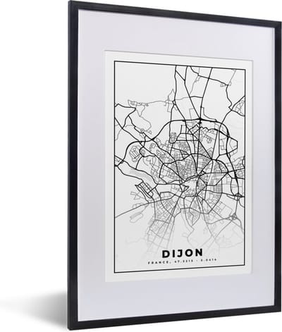 Fotolijst incl. Poster Zwart Wit- Frankrijk - Dijon - Plattegrond - Stadskaart - Kaart - Zwart wit - 30x40 cm - Posterlijst