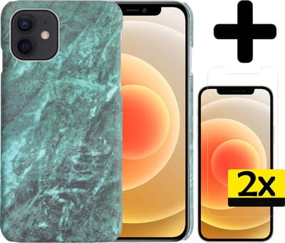 Hoesje Geschikt voor iPhone 12 Mini Hoesje Marmer Case Hard Cover Met 2x Screenprotector - Hoes Geschikt voor iPhone 12 Mini Case Marmer Hoesje Backcover - Groen