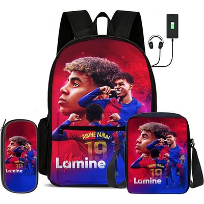 Leer, Reizen Voetbal Sport Rugzak L-Lamin Yamal 3 Delige Set Kinderrugzak Schoudertas, Etui, Voetbalster Rugzak