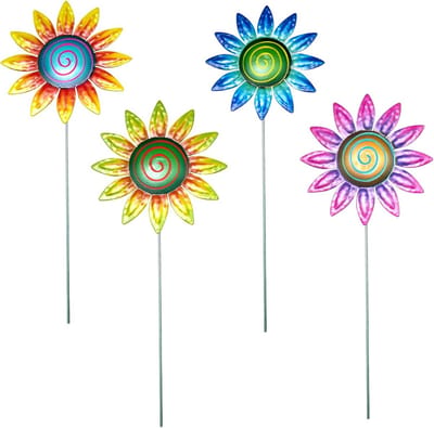 Metalen Tuindecoratie - Bloemen Paaltjes - Tuin Aankleden - Levendige Kleuren - 4 Stuks - Geel Roze Oranje Blauw