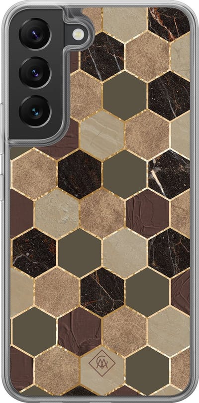Casimoda® hoesje - Geschikt voor Samsung Galaxy S22 - Kubus Groen Bruin - 2-in-1 case - Schokbestendig - Geometrisch patroon - Verhoogde randen - Bruin/beige, Transparant