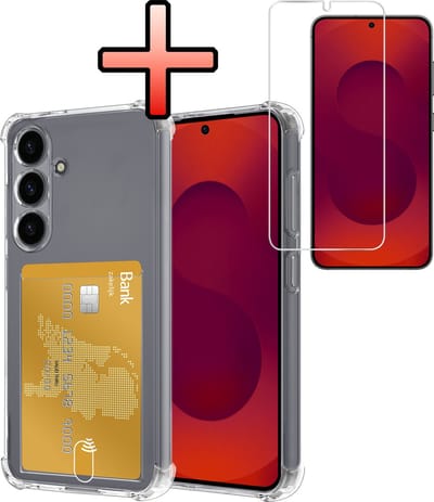 Hoesje - Geschikt voor Samsung Galaxy S25 - Met Screenprotector - En Pashouder - En Kaarthouder - Telefoon Hoes Shockproof - Siliconen Case - Back Cover - Shock Proof - Pasjes Houder - Transparant
