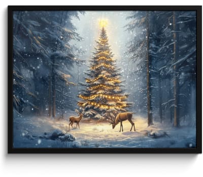 Poster in lijst - Fotolijst 80x60 cm - Posters - Kerstlicht - Woud - Hert - Donker - Posterlijst zwart - Decoratie - Wanddecoratie woonkamer - Muurdecoratie slaapkamer - Kerstversiering - Kerstdecoratie voor binnen - Kerstmis
