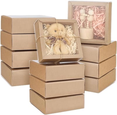 12 Set 20x12x6cm Geschenkdozen met Helder Venster, Tan Kleur Kraft Papier, Perfect voor Cadeaus en Speciale Gelegenheden