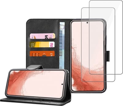 Geschikt voor Samsung S22 Plus Book Case Hoesje - 2x Screenprotector - Flip Portemonnee Zwart met Screen Cover Tempered Glas