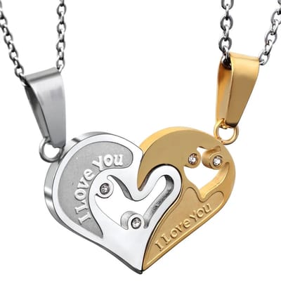 Hartjes Ketting Set voor Hem en Haar - I Love You - Zilver / Goud kleurig - Romantisch Liefdes Cadeau - Relatie Cadeau - Koppel Cadeau - Mannen Cadeautjes - Vaderdag Cadeau Geschenk