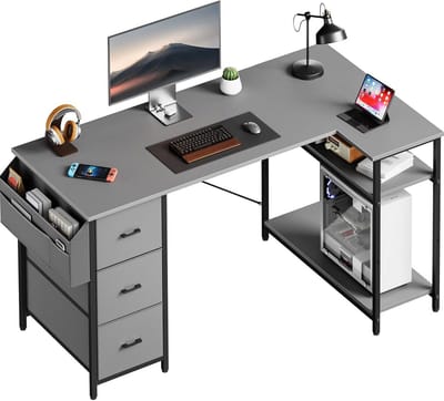 Hoekbureau met laden - L-bureau computer tafel - Thuiswerken en studeren - Veel opbergruimte - 140 x 80 cm - Grijs