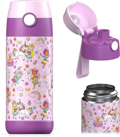 Thijox - Drinkfles voor Kinderen, Roestvrij Staal, BPA-vrij, Lekvrij, Chug Deksel, Schoolfles voor Kleuters, Prinses Design, 350 ml, Perfect voor Avon
