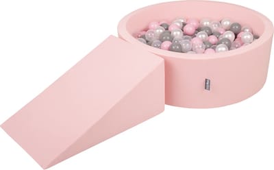 KiddyMoon Schuimspeelplaats met ramp Ballenbad - 7cm 100 Ballen - Speeltoestel - Ballenbak voor baby's - Hindernisbanen - Speelbad - Roze: Parel Grijs Transparant Poederroze