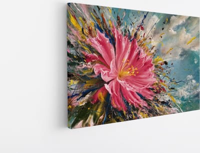 Saammp Canvas Schilderij - Roze Bloem met verfspetters - Abstract - 30x20 - Foto op canvas - Wanddecoratie - Muurdecoratie Woonkamer - Kantoor Decoratie