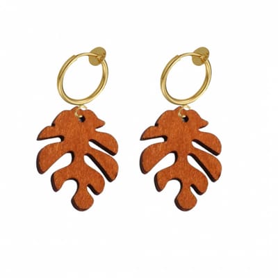 Klem oorbellen- roest bruin- hout- Tak- goudkleurig-geen gaatje-Charme Bijoux
