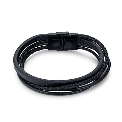 Twice As Nice Armband in edelstaal, 4 rijen zwart leder 21cm