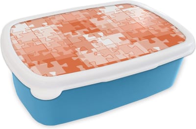 Broodtrommel Blauw - Lunchbox - Brooddoos - Puzzel - Oranje - Patronen - 18x12x6 cm - Kinderen - Jongen