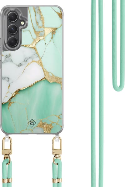 Casimoda® hoesje met koord - Geschikt voor Samsung A34 - Marmer Mintgroen - Afneembaar koord - TPU/polycarbonaat - Mint