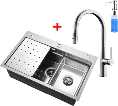 CECIPA max Spoelbakken met Kraangat 70x45 cm - Spoelbak Keuken Met C-uitloop Keukenkraan en Zeepdispenser 300ML - Multifunctionele Spoelbak - Incl. Sifon en Afvoerzeefje - RVS