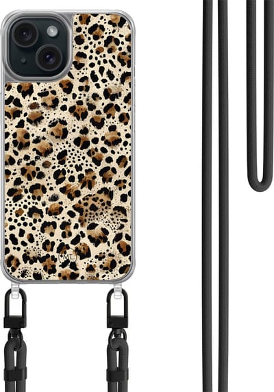 Hoesje met koord geschikt voor iPhone 14 - Wild essence - Inclusief zwart koord - Crossbody beschermhoes - Transparant, Bruin - Mooie Telefoonhoesjes
