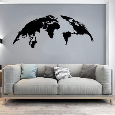Wereldkaart Muurdecoratie - Metaal Wandkunst - Woonkamer Aankleden - Stijlvol 2-Delig Ontwerp - 50x20cm - Zwart
