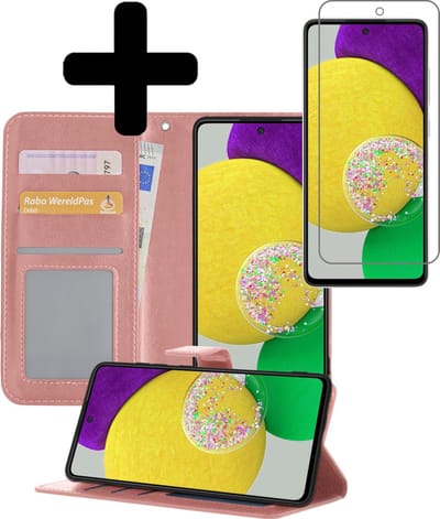 Hoesje - Met Screenprotector - Geschikt voor Samsung Galaxy A52s 5G - Luxe Pasjeshouder - Bookcase Portemonee - Flip Case - Kunstleer Book Case - Flipcase - Book Cover - Walletcase - Portemonneehoes - Telefoonhoesjes - Rosé goud